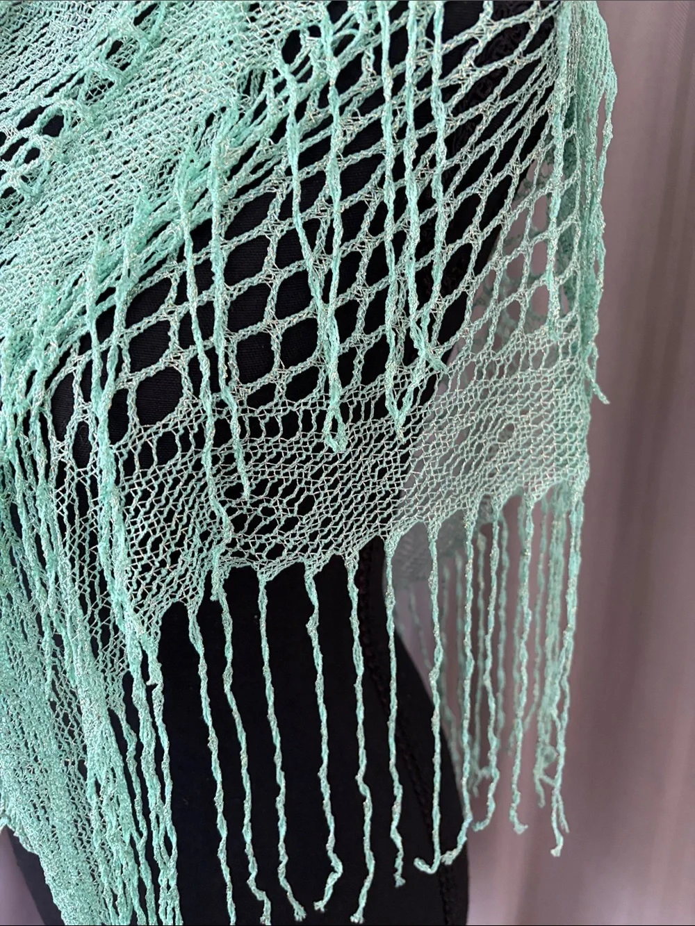 Light Mint w/Gold Threading Knit Fringe Shawl Scarf